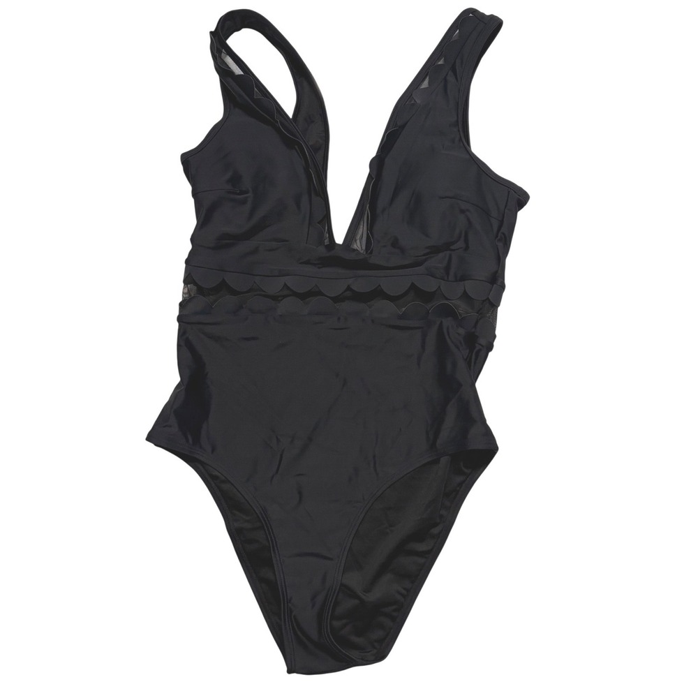 CUPSHE Black Scalloped Deep V-Neck‎ One Piece Swimsuit Mesh Detail Medium NWT